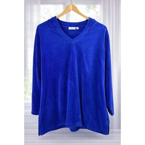 Denim &‎ Co Blue Velour Hood Pullover Top Sweatshirt Pockets Cozy Soft Lounge 3x